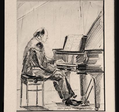 Drawing of Sebastian Benda playing Ravel piano concerto for the left hand by Gladys Maldaum 1971