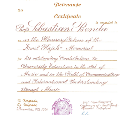 Certificate S. Benda Honorary Patron - Beograd Serbia 1990