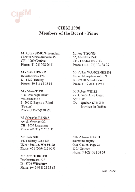 Jury at the 52nd International Competition for Musical Performers - Geneva Switzerland 1996