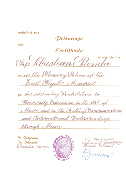 Certificate S. Benda Honorary Patron - Beograd Serbia 1990