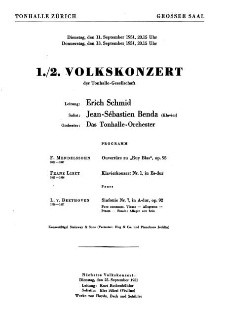 Liszt 1. Klavierkonzert Tonhalle, Zurich Switzerland 1951